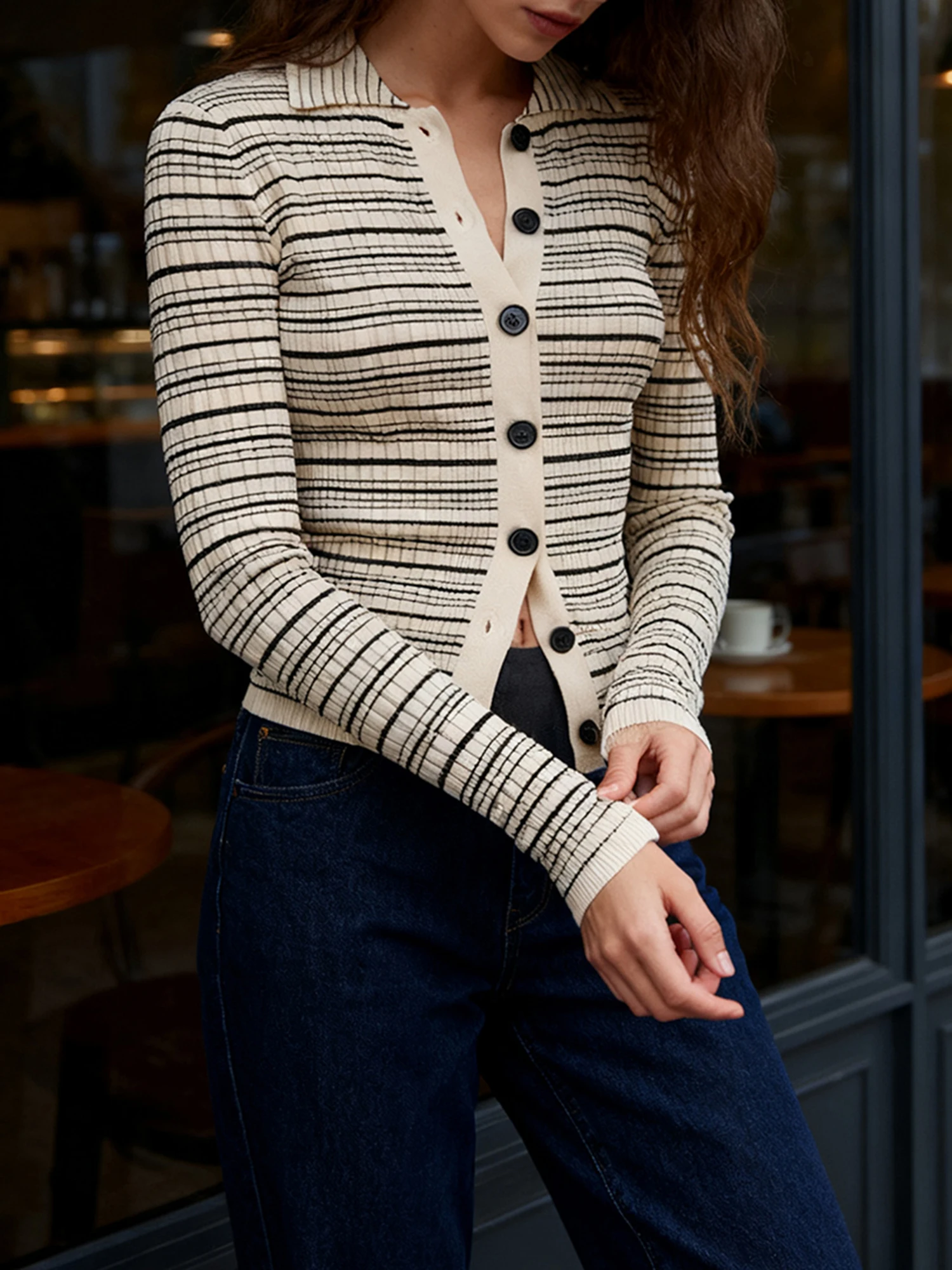 Women s Striped Knit Button Down Shirt with Turn Down Collar and Long Sleeves - Casual  Fit Top for Fall Fashion