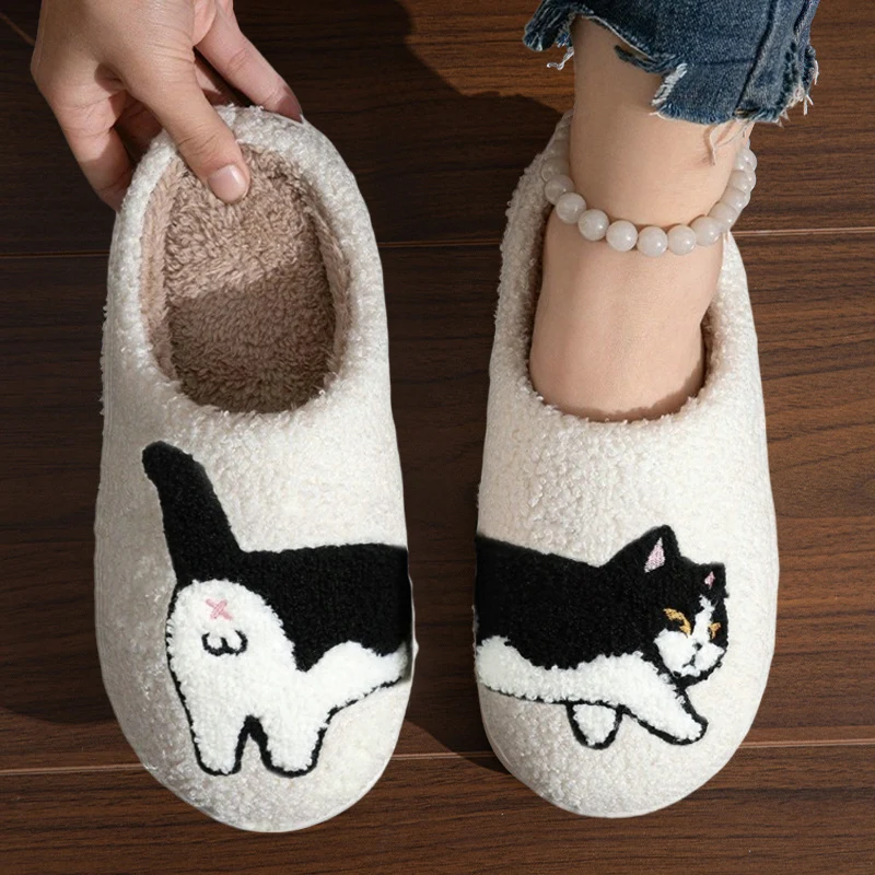 Dachshund Embroidery Plush Slippers Pet Pattern Cat Dog Stuffed Home Furry Cotton Slippers Cute Warm Non-Slip Indoor Home Shoes 4