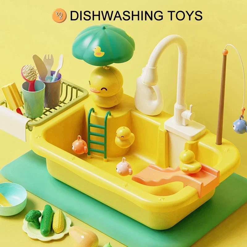 

Children's Pretend Play Game Electric Dishwasher Toy Duck Playing Water kid Vegetable Sink Kitchen Toys Shower Nozzle Play House