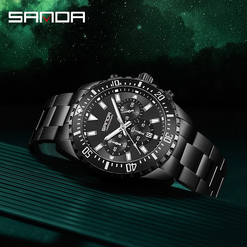 SANDA 2023New Steel Band Calendar Men's Quartz Watch 5306 Simple Three Eyes Six Needle Green Water Ghost Fluorescent Men's Watch