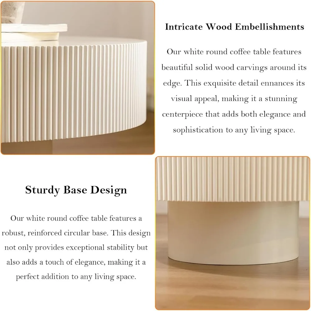 Modern Fluted Drum Coffee Table with Handcraft Embossed Edge Design & Stable & Sturdy Pedestal 4