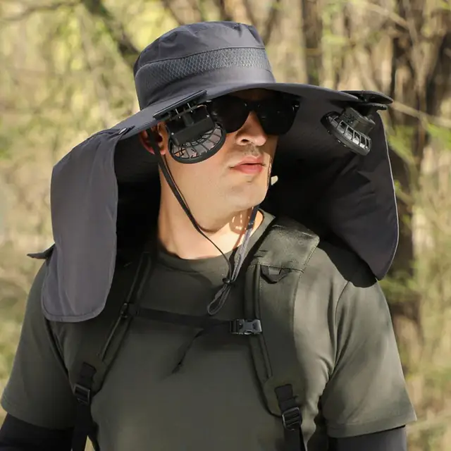 Bucket Fan Solar Powered Wide Brim Sun Hat With 2 Built-in Fans - UPF 50 Bucket Hat For Fishing & Outdoor Activities Bucket Hat With Solar Power Fans