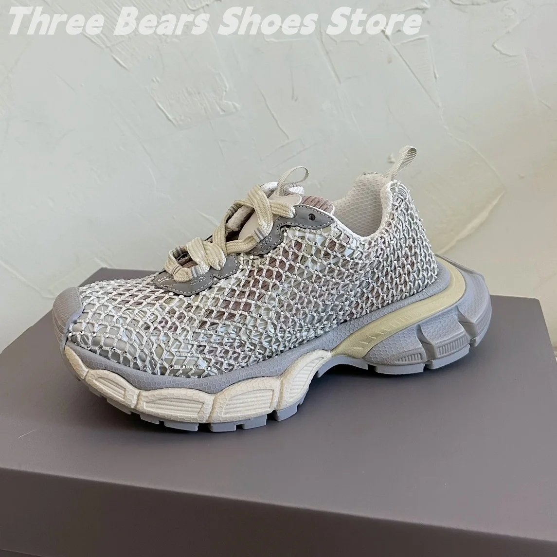 Novelty Mesh Hollow Crystal Patchwork Round-Toes Woman Sneakers Mixed Colors Lace-Up Anti-Slip Platform Heels Zapatillas 35-44 4