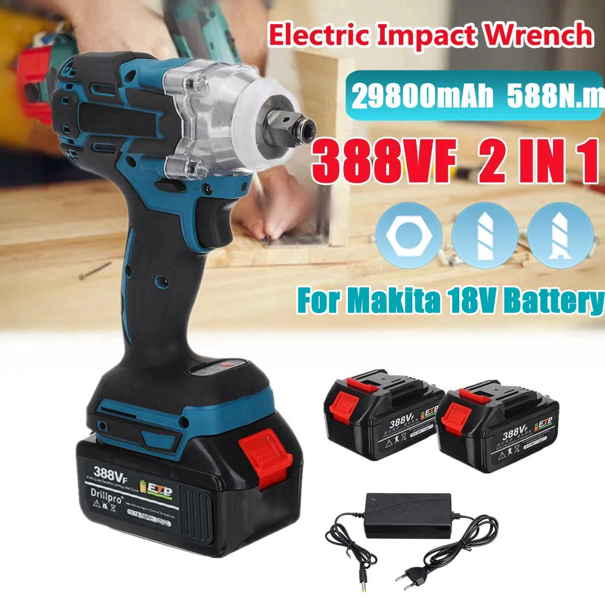 

388vf 588N.M Brushless Electric Wrench 1/2 inch Electric Impact Wrench 3 Speed Adjust 19800mAh Li Battery for 18V Makita Battery