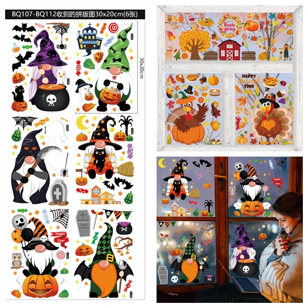 Cute Cartoon Halloween Window Stickers Witch Bat Pumpkin Skull  Electrostatic Glass Wall Door Decals Kids Room Party Decoration - AliExpress