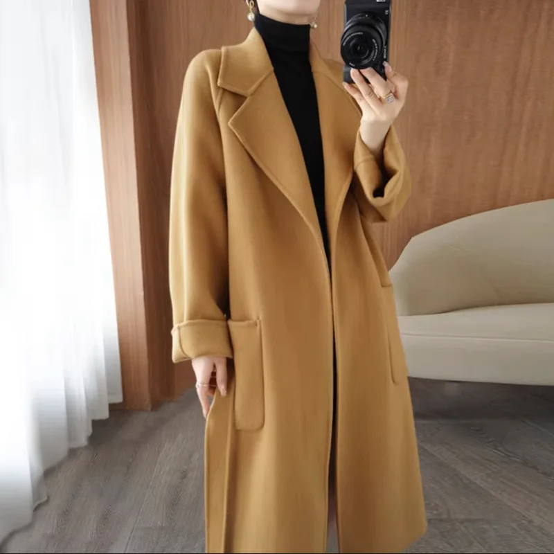 Double-Sided Cashmere Coat for Women, Long Loose Overcoat, Lace-Up Jacket, Female Outwear, 100% Wool, Autumn, Winter, New, 2023