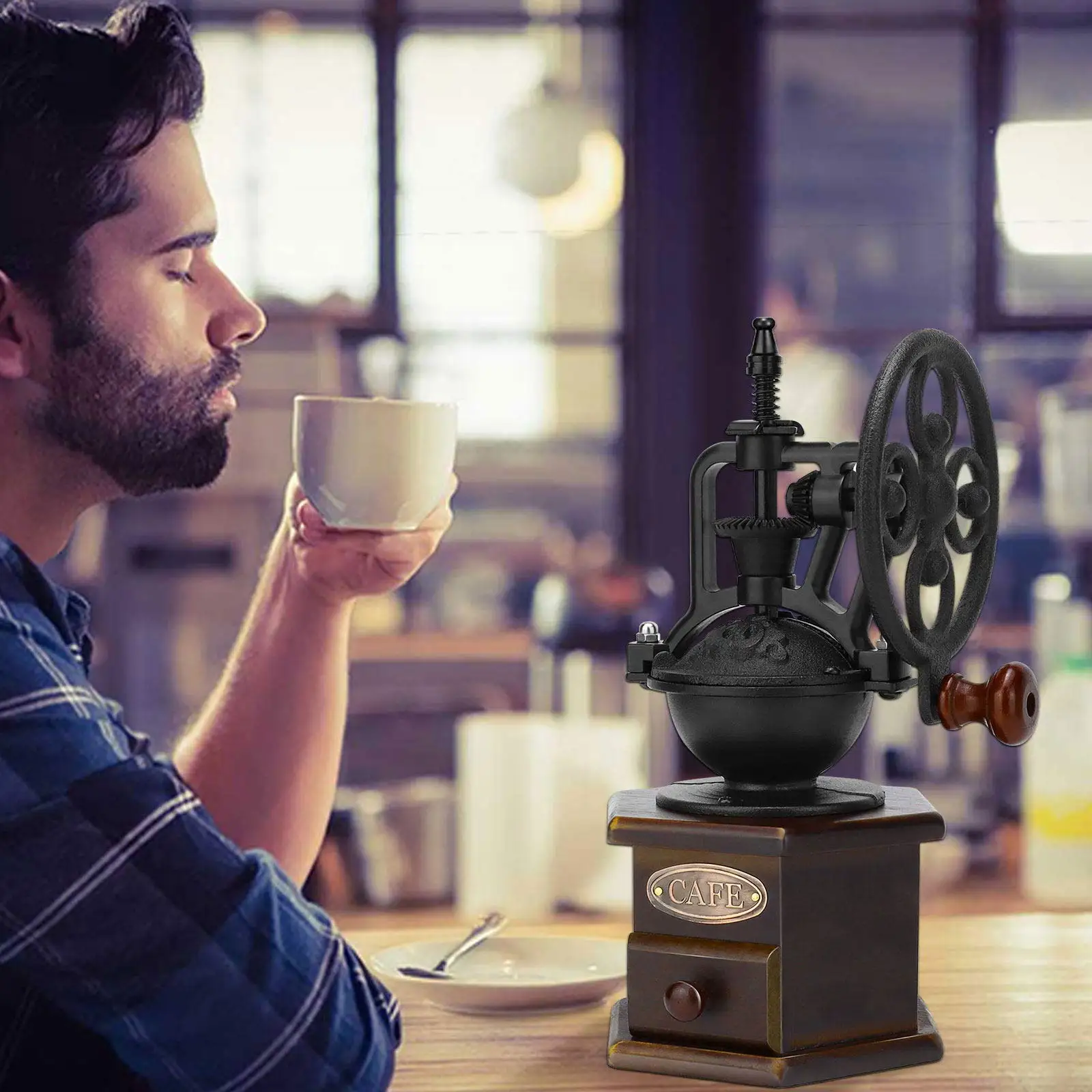 old coffee grinder with coffee beans