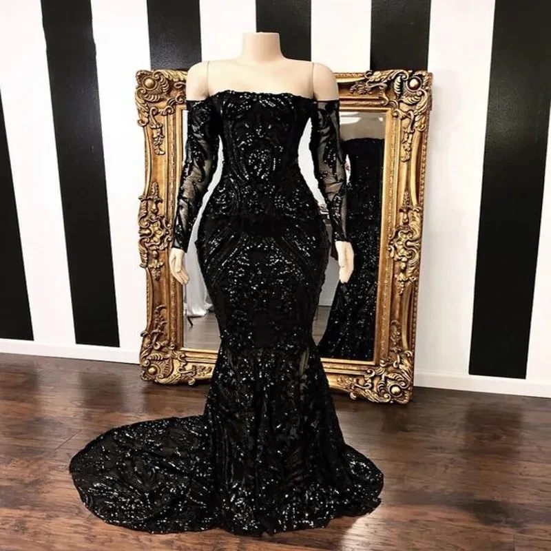 

Charming 2024 Black Sequined Lace Evening Dresses Mermaid Prom Gowns Long Sleeve Off Shoulder Formal Night Party Plus Size