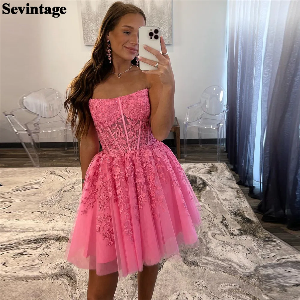 

Sevintage Hearty Hot Pink Prom Dresses Lace Tulle Strapless Pleat Ruched Above Knee Homecoming Dress vestidos de graduación 2023