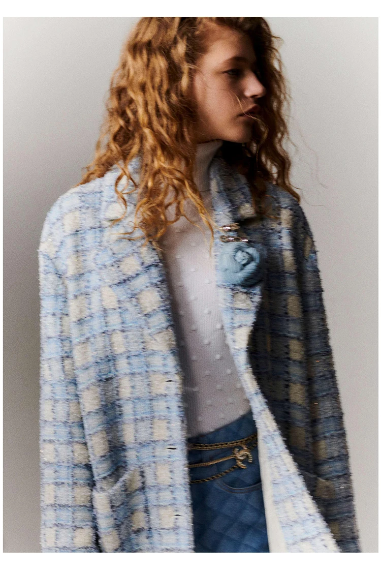 Women's Plaid Tweed Coat with Collar, Autumn and Winter