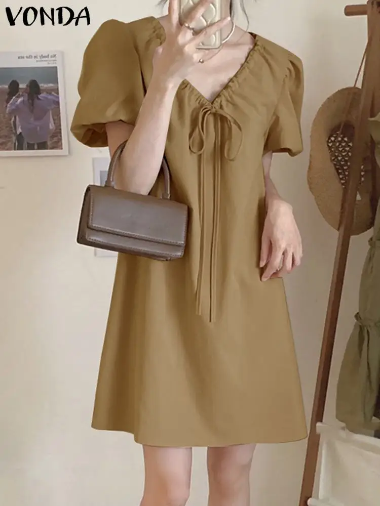 

Women Summer Mini Dress 2024 Sexy V-neck Puff Sleeve Short Dress VONDA Short Sleeve Sundress Fashion Solid Color Vestidos Baggy