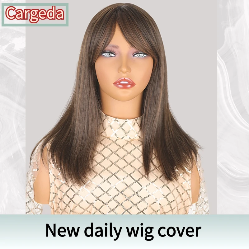 

Oblique Bangs Natural Dark Brown Fluffy Korean Medium Daily Hair Straight Hair Fashionable Wig Chemical Fiber Full Headgear