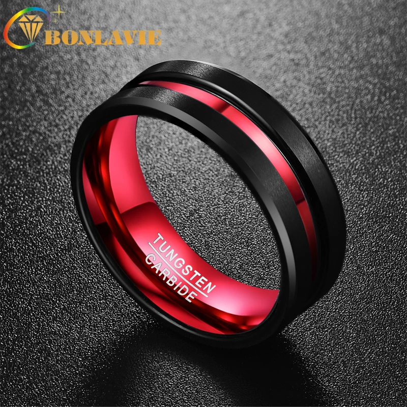 BONLAVIE Men's 8MM Black and Red Tungsten Carbide Ring Matte Finish Beveled Edges Size 7 To 16  For Men and Women 2