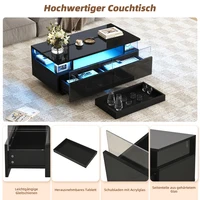 Table basse, 90×45×35,5 cm, avec plateau et éclairage LED. Table de salon haute brillance avec 2 tiroirs, structure de support en verre trempé, noir. 5