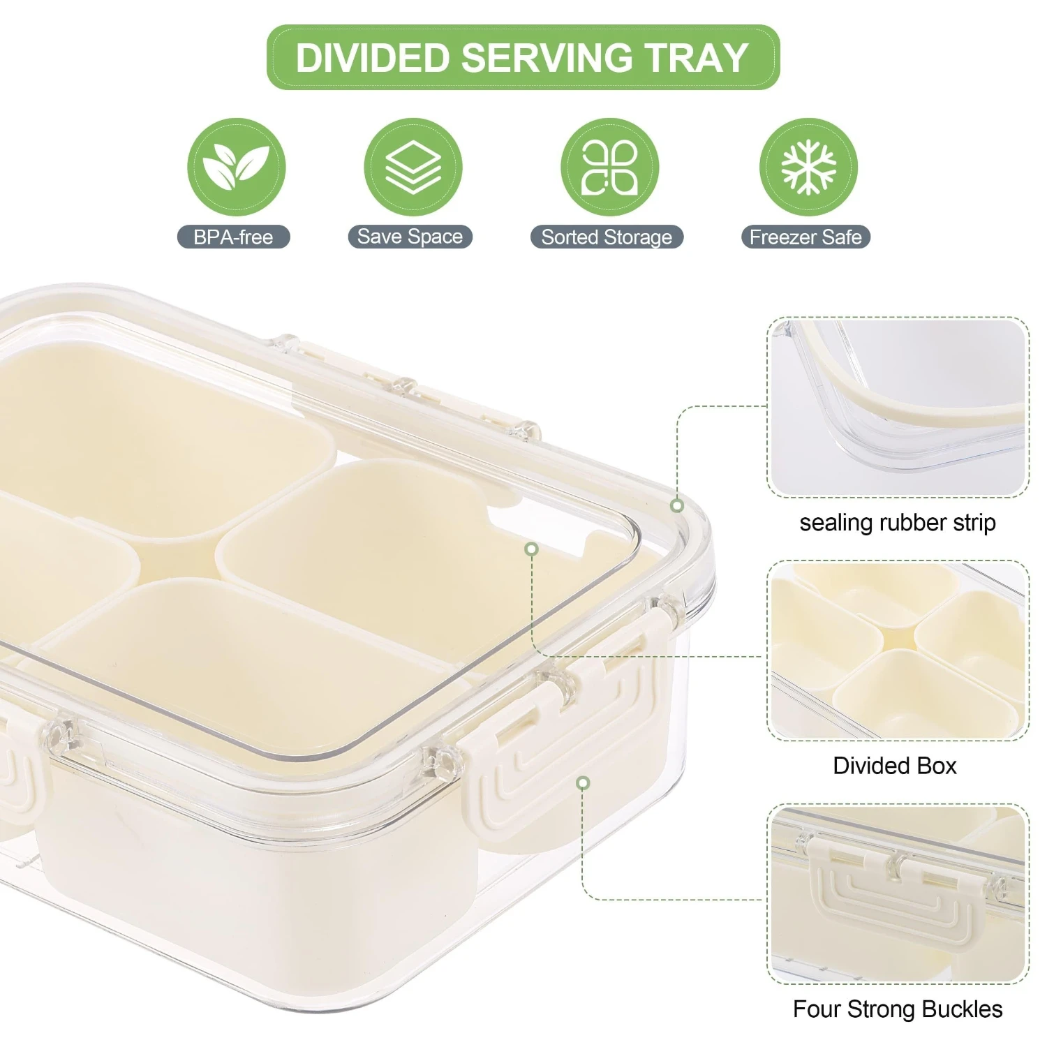 Multipurpose Plastic Food Container with Divided Sections-Reusable Square Snack Box with Flip-Top Closure for Candy, Vegetabl