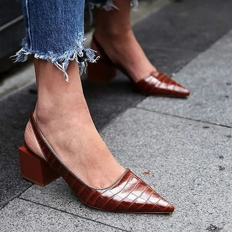 Women's Pointed Toes Pumps Mid Chunky Heels Slingback Sandals Shoes Summer Vintage Woman Lady Female Sandals Slippers Shoes