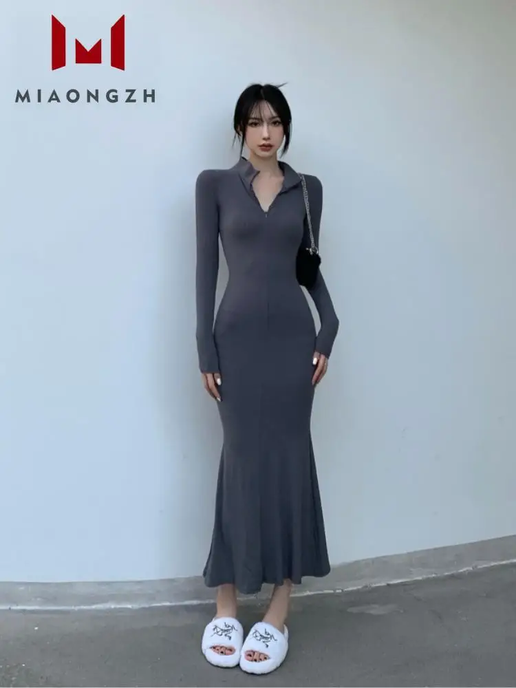 

Black Long Sleeve Bodycon Dress For Women High Waist 2023 Autumn New Spliced Zippers Mid Length Dresses Female Fashion Clothing
