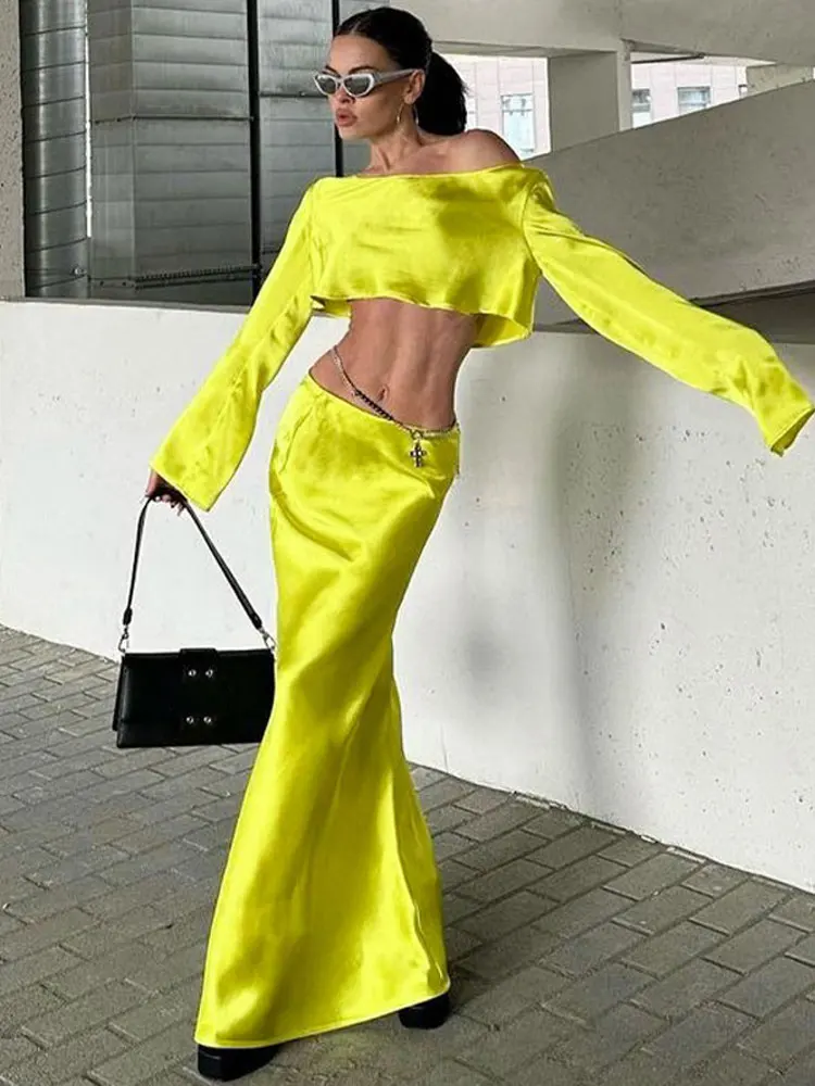 

Long Sleeve Cropped Shirt Mermaid Midi Skirt Set Women Solid Elegant Slash Neck Suits Female Club Cocktail Prom Evening Outfits