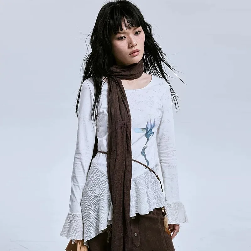 Genayooa Y2k Print T Shirt Women Chic White Irregual Graphic Tops 2000s Japanese Fairycore Vintage Tshirts Retro Grunge Tops Tee 5