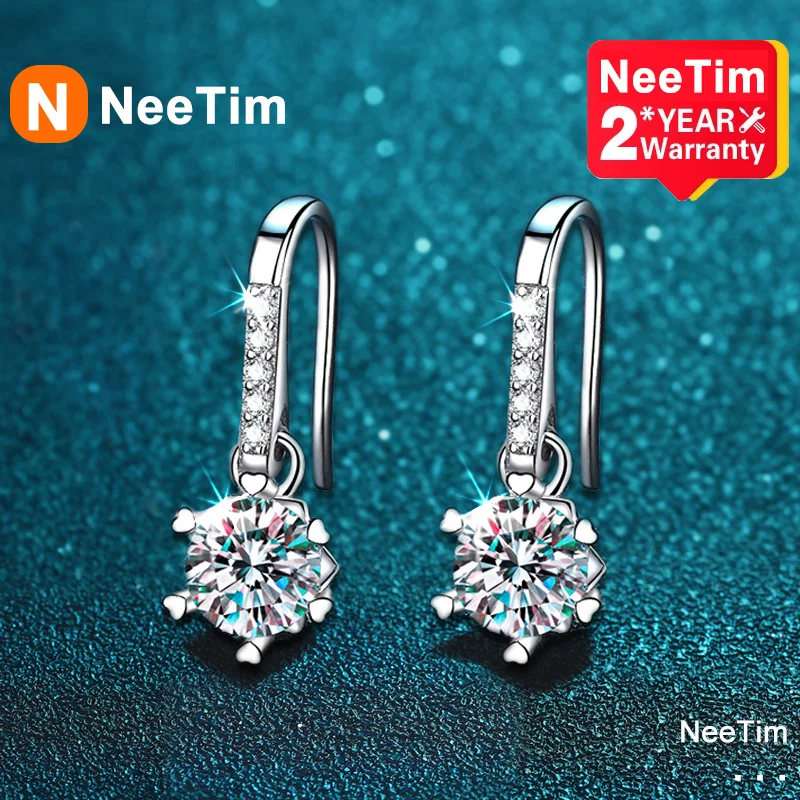 

NeeTim Real Moissanite Drop Earrings for Women 925 Silver White Gold Plated Earing Wedding Engagement Fine Jewelry Free Shipping