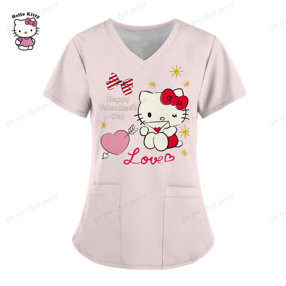 thumbnail image 1 of Uniforme de enfermera con estampado de Hello Kitty para mujer, uniforme de enfermería con bolsillo, camisa de trabajo para enfermeras, personal de enfermería, 1 of 5