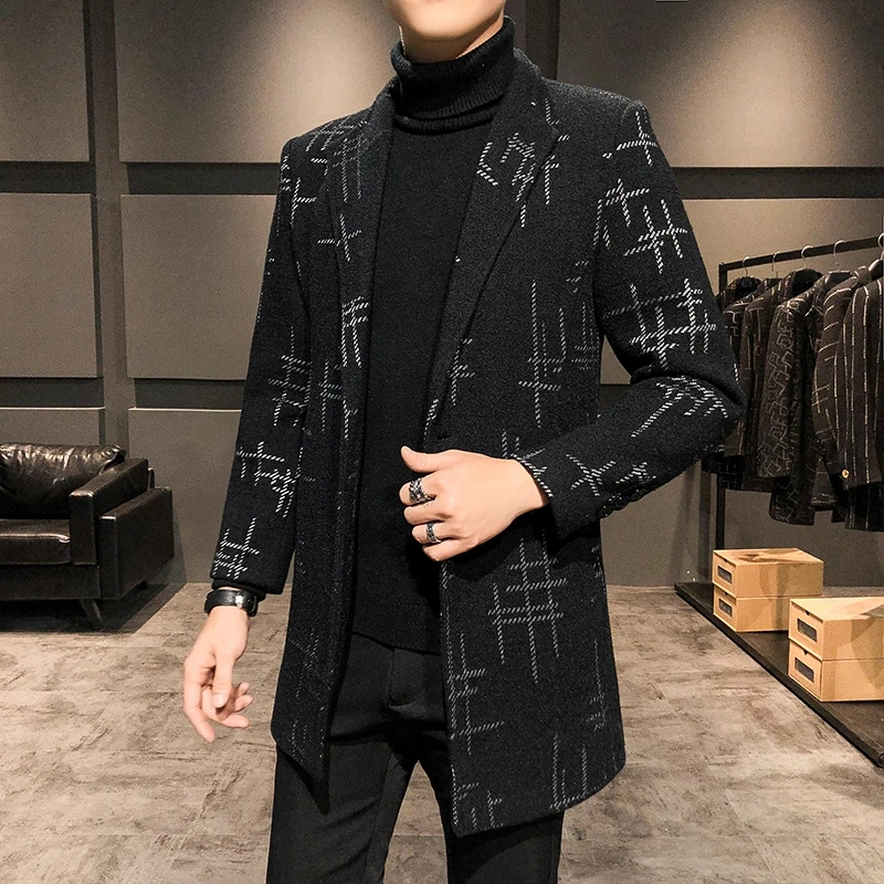 남성용 모직 코트, 캐주얼 슬림 바람막이 외투, 중간 길이 스트라이프 오버코트, 청소년 한국 스타일 재킷, 패션 용수철 가을