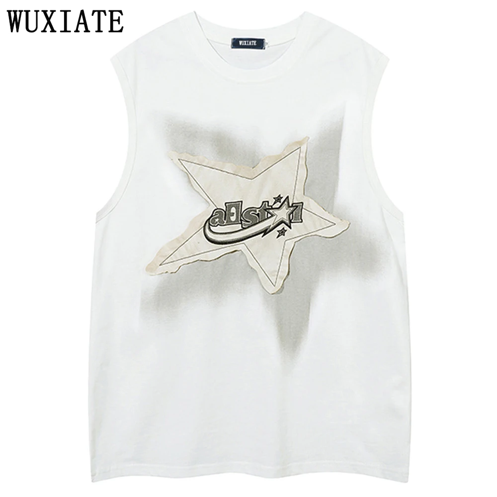 

WUXIATE Tank Top Y2K Streetwear Harajuku Retro Embroidery Star Patch Vest Summer Fashion Casual Loose Sleeveless Woman T-Shirt