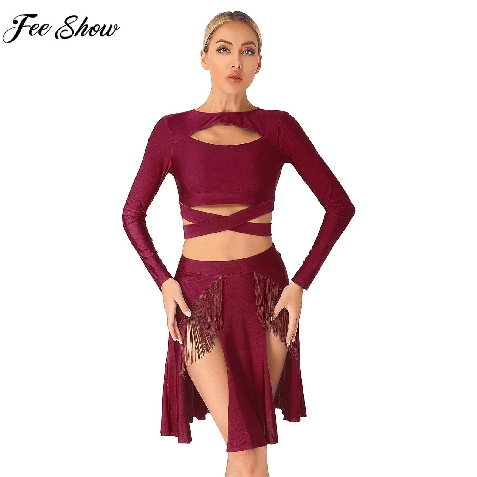 

Women Modern Lyrical Dance Outfit Figure Skating Latin Dance Stage Performance Clothes Long Sleeve Crop Top with Skirt Dancewear