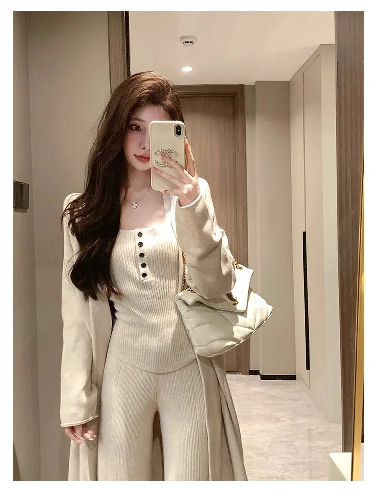 Conjunto de 3 piezas de punto para mujer, chaleco con cuello halter, cárdigan largo, pantalones largos, ropa informal lisa de moda coreana, otoño e invierno, nuevo