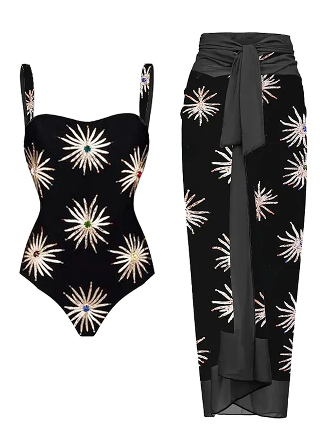 Black Women Firework Print Bikini Intero Secret God Elegante Costume Da Bagno Slim A Vita Alta E Copricostume Lungo 2023