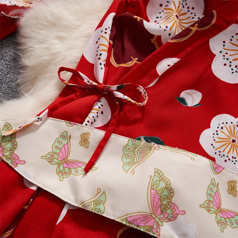 V-neck Red Japanese kimono Cardigan Outfit Women Clothing Print  See-through Lace-up Dress Sexy Lingerie Thin Tunic Loose Sleeve