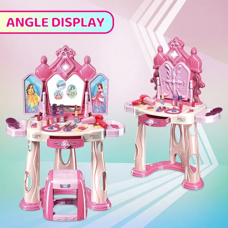 Girls Makeup Table Set with Stool,Open Doors by Gestures,Kids Vanity Set with Lights and Music,Christmas for Toddlers 3 4 5 6-12