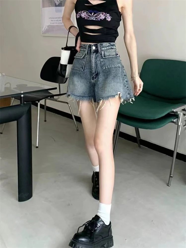 여성용 하이 웨이스트 A 라인 로우 에지 데님 반바지, 스트리트 젊은 소녀 하이 웨이스트 섹시 핫 팬츠, 캐주얼 여성 미니 바지