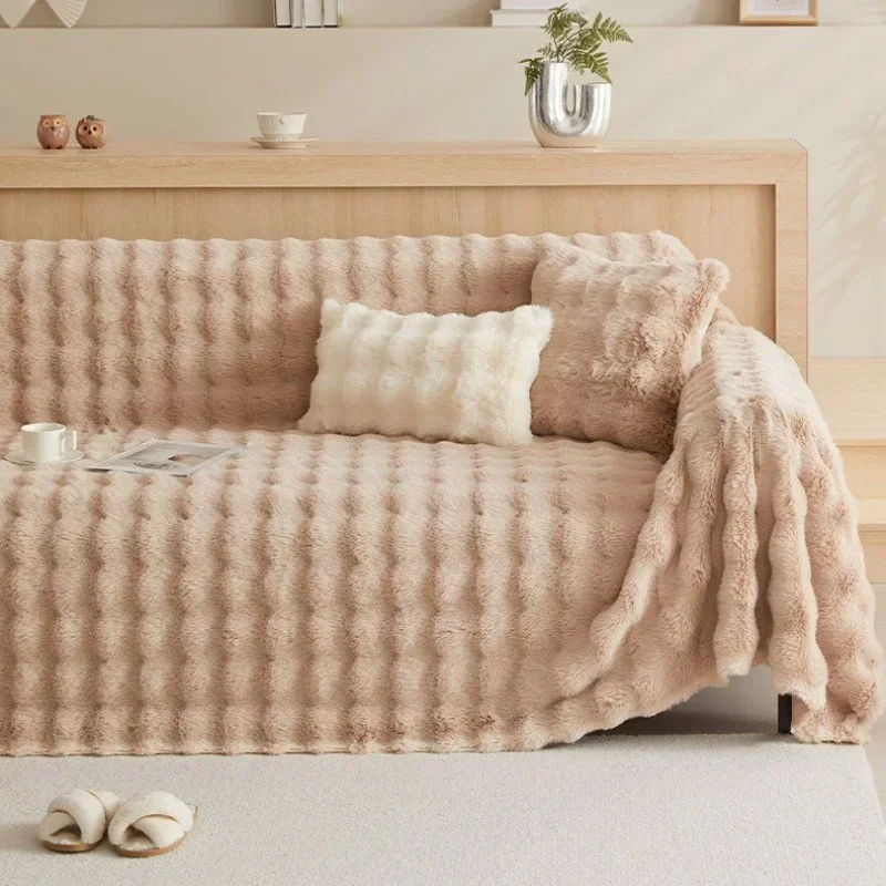 Luxury Faux Fur Sofa Covers for Living Room Warm Winter Super Soft Plush Couch Covers Bubble Shaped Thick Slipcover Sofa Towel 3