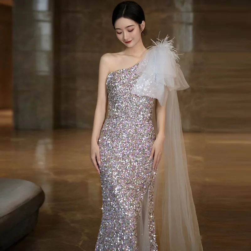 Женское платье с одним открытым плечом и блестками, женские Вечерние и коктейльные платья до пола из тюля с высоким вырезом, бальное платье для банкета