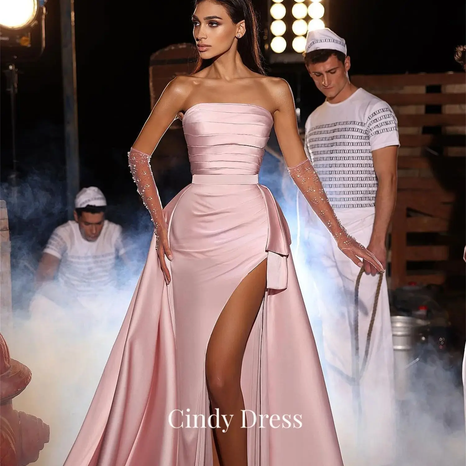 

Cindy Long Tail Mermaid Tube Top Satin Pink Party Dresses Saudi Women Evening Dress Elegant Gown Luxury Prom 2023 Guest Wedding
