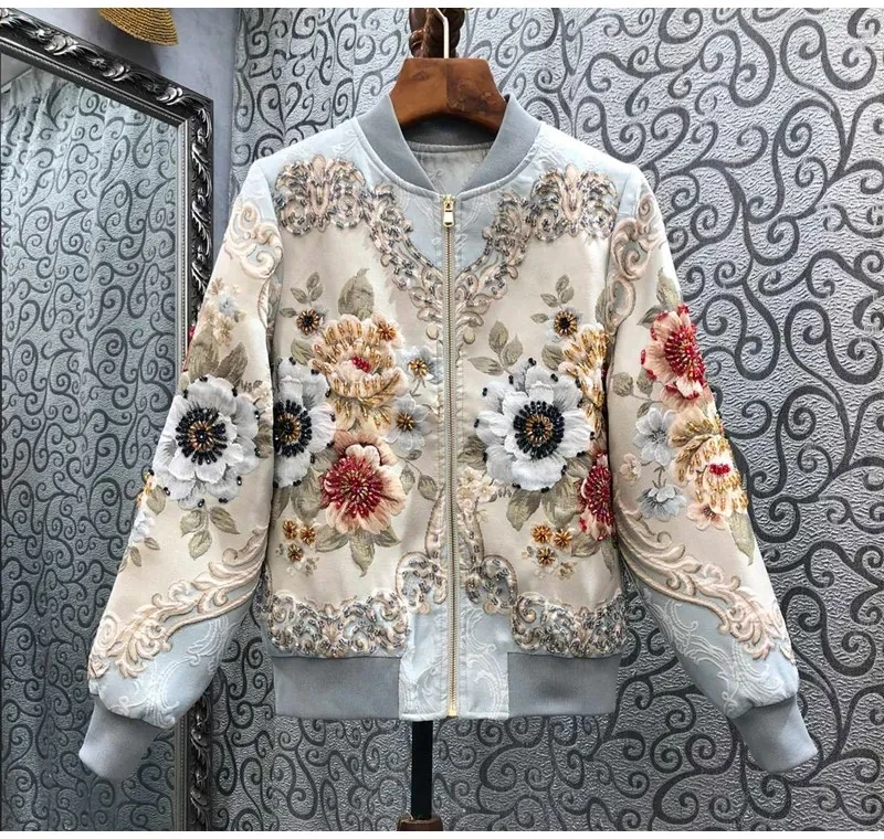 

2024 Spring Autumn Fashion Jackets High Quality Casual Clothing Women Hand Made Beading Long Sleeve Vintage Coat Jacket Bomber