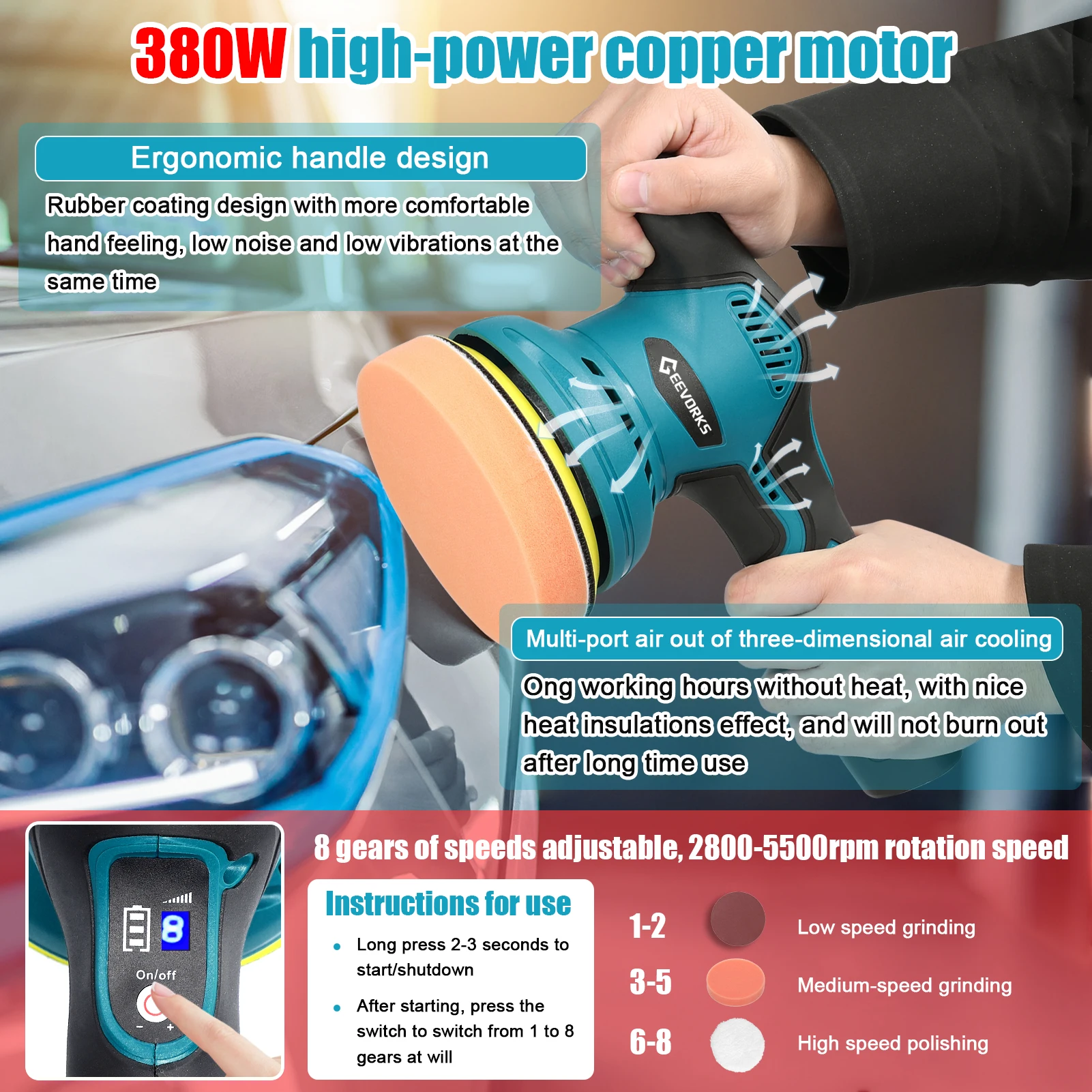 Cordless Eccentric Car Polisher 8 Gears of Speed Adjustable Electric Auto Polishing Machine Waxing Grinding Rust Removal Machine 5