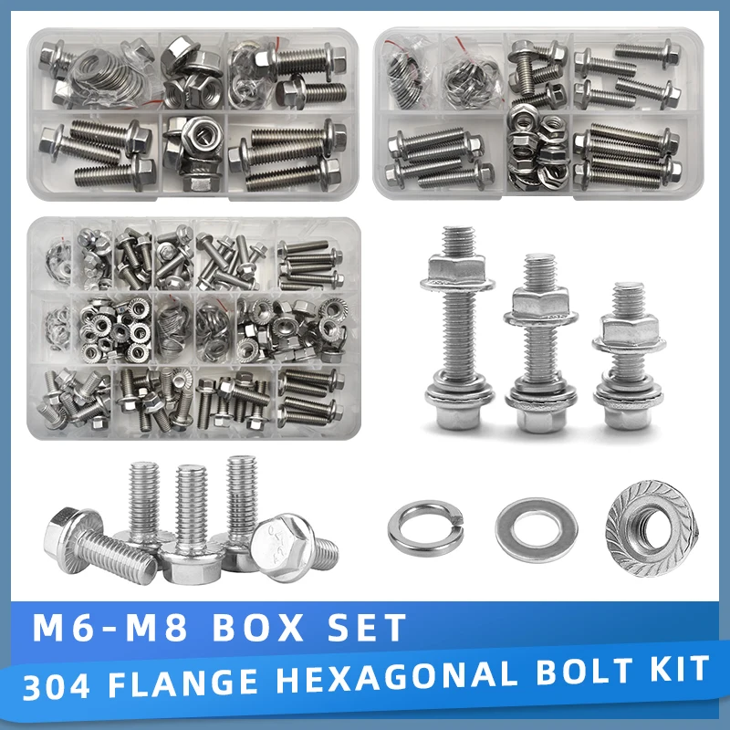 M6 M8 304 Stainless Steel Flange Hex Bolts and Nut Set Metric Thread Outer hexagon Screw with Flat & Lock Washers Assortment Kit