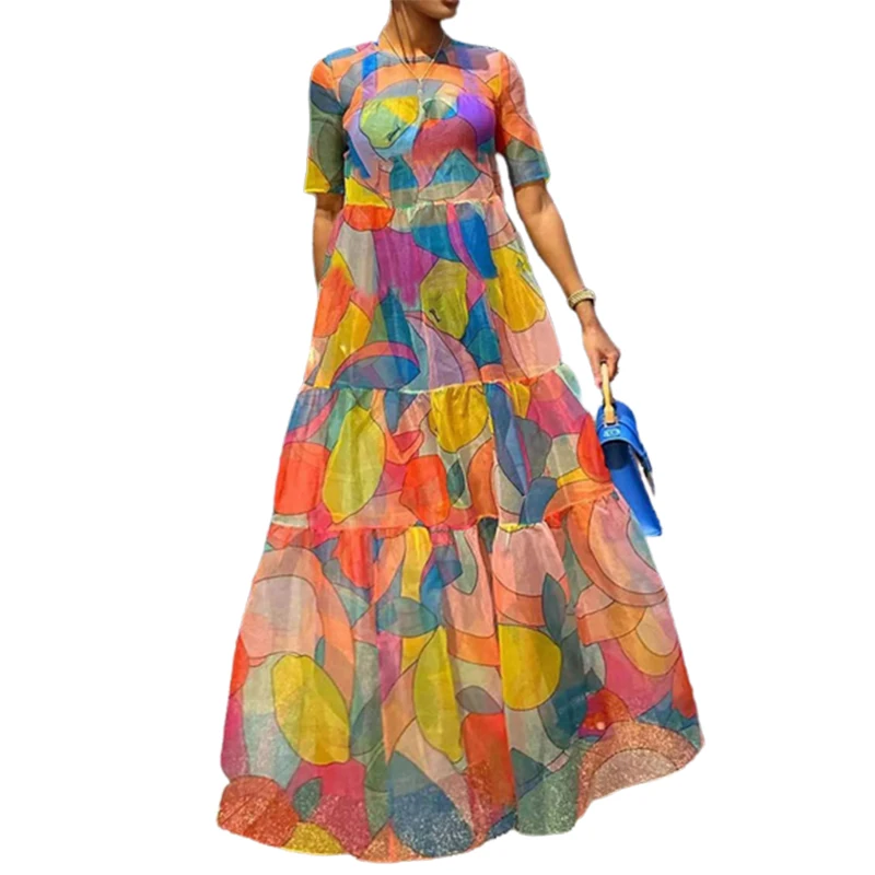 

Uoozee 2023 Summer New Short Sleeves Round Neck Multi-colored Printed Dress Casual Stylish Holiday Party Dresses For Women