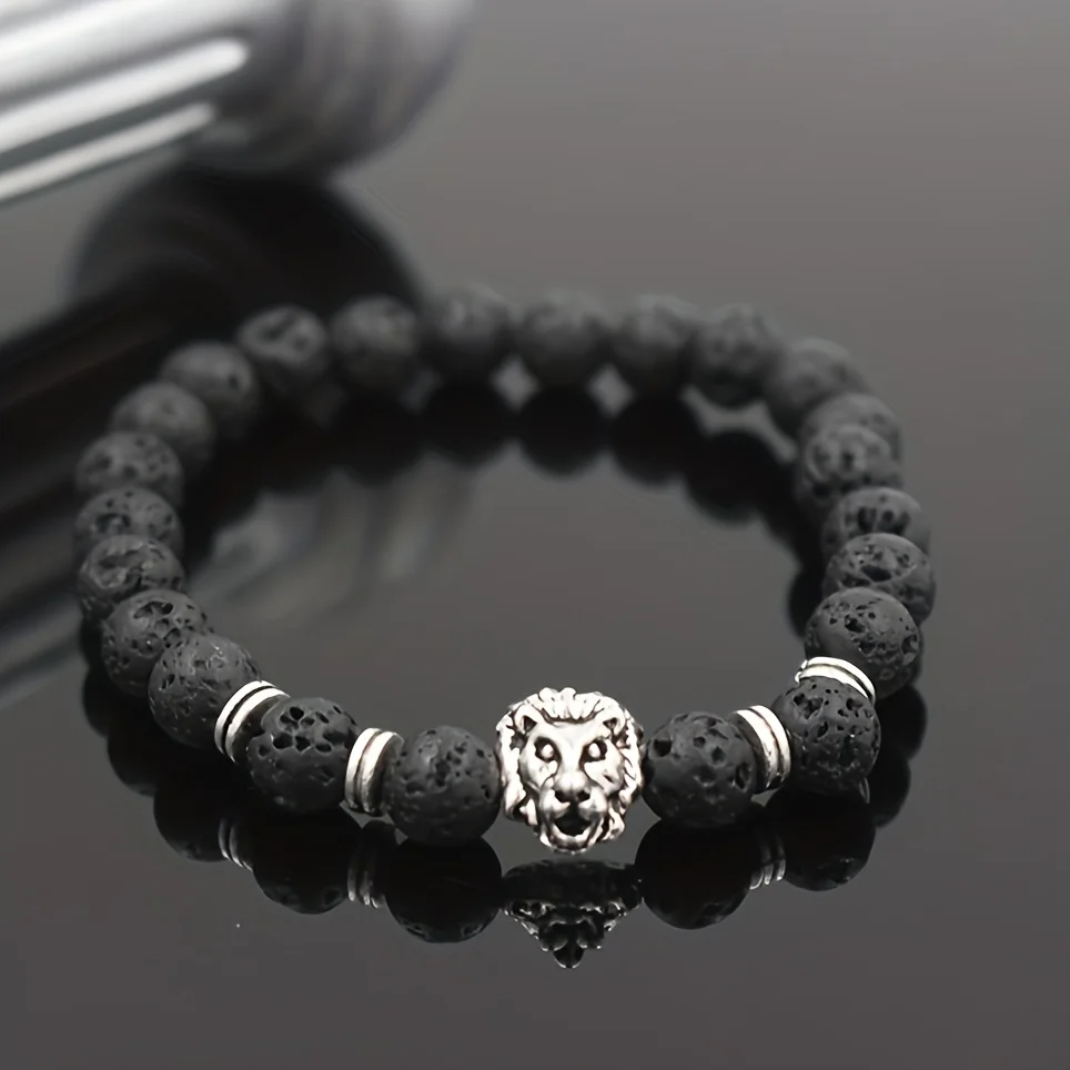 1pc Lava Volcanic Stone Bracelet With Fashionable Alloy Lion Head For Men - Image 4