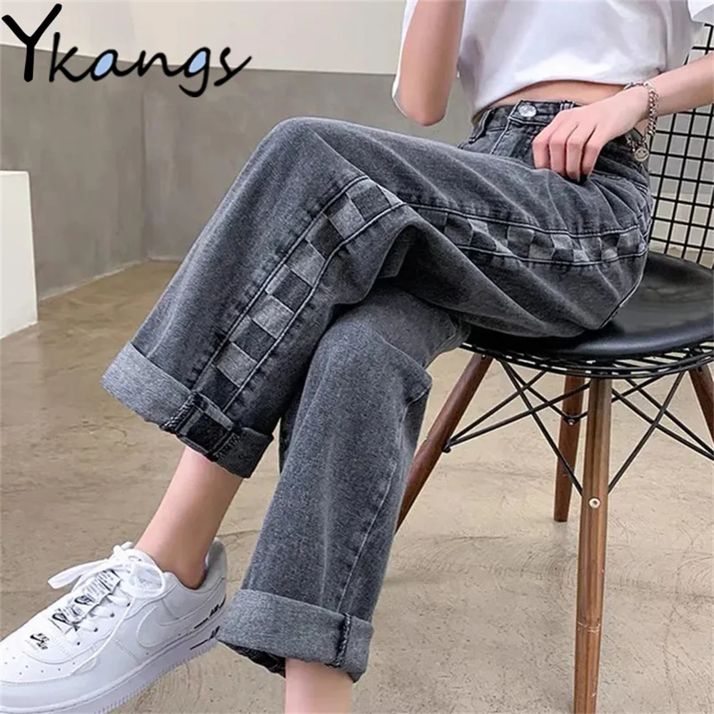 

High Waist Plaid Stitching Streetwear Jeans Oversized Loose Casual Straight Wide-Leg Pants Vintage Slim Boyfriend Denim Trousers