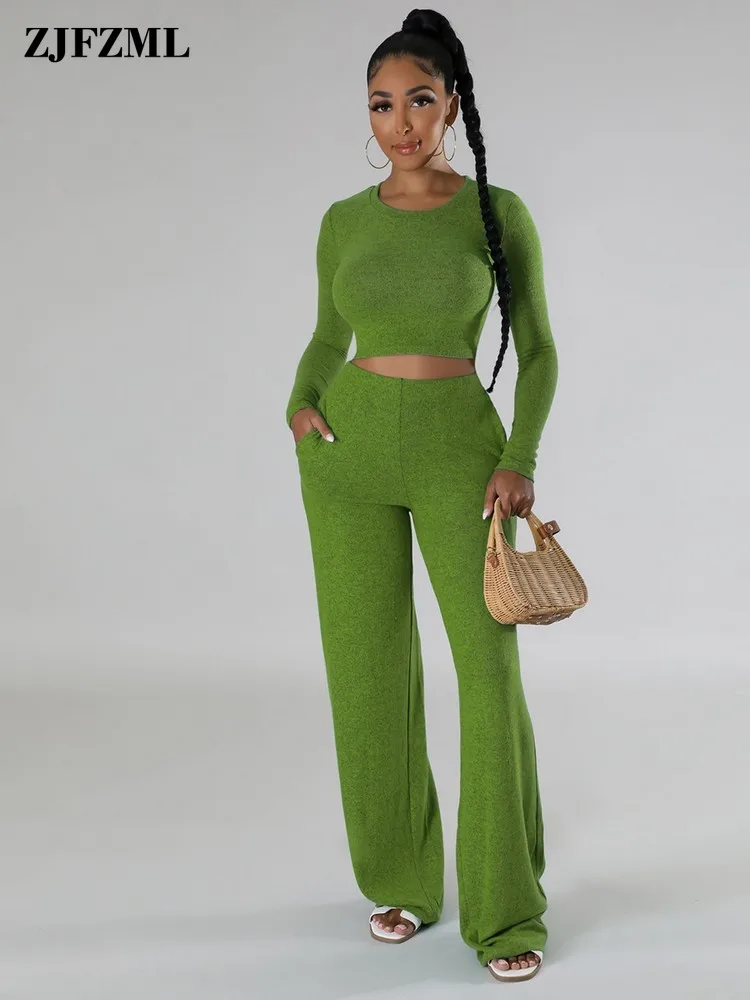 

Solid Color Casual Lounge 2 Piece Sets Fall Homecoming Outfits For Girls Crop Top + High Waisted Flare Pants With Pockets Sets