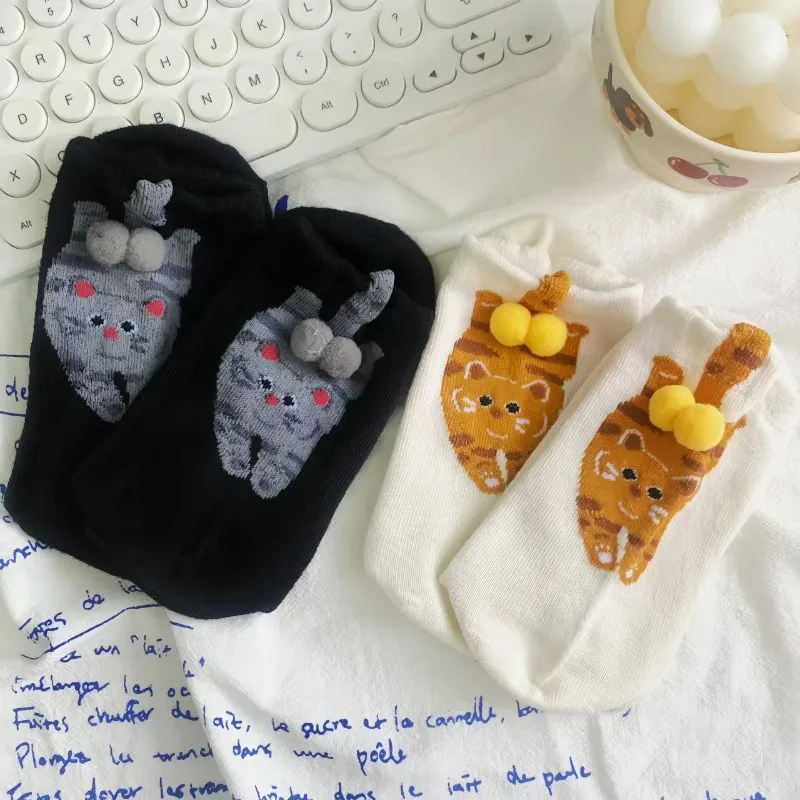 Soft Cotton Crew Socks for Women with Cartoon Cats