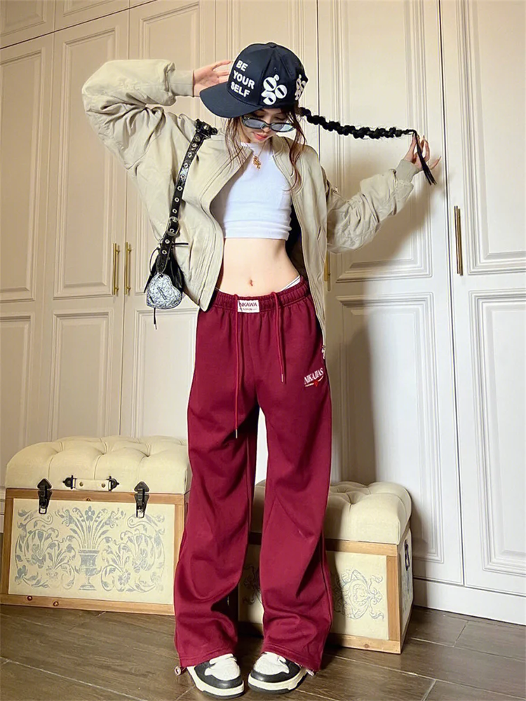 QWEEK Korean Fashion Joggers Sweatpants Women Harajuku Hip Hop Gray Wide  Leg Track Pants Oversized Kpop Baggy Sports Trousers