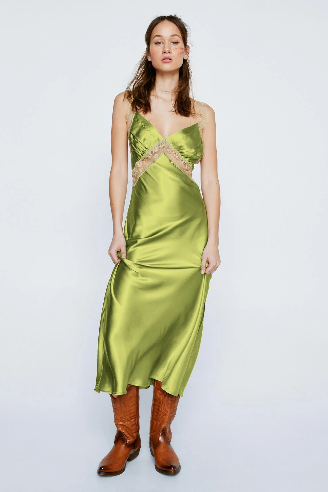 

Women Satin Long Dress Sleeveless V Neck Tie Back Lace Patchwork Slim Fit Party Dress Gown