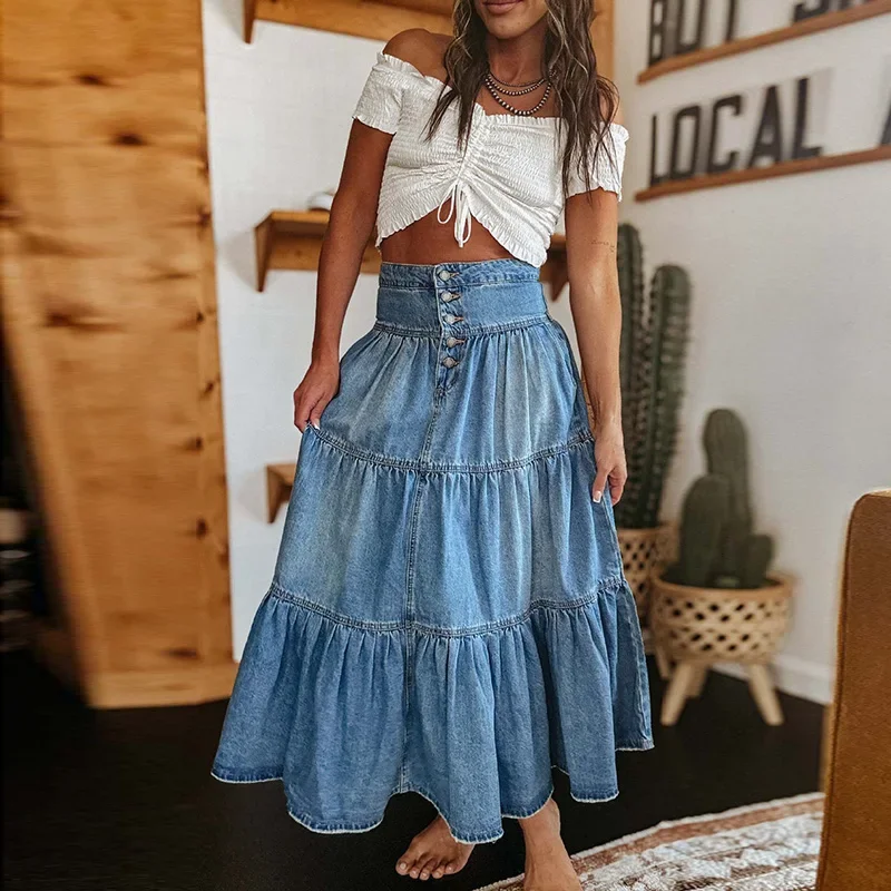 Jupe Longue en Denim Vintage à Doublure A pour Femme, Tenue Décontractée, de Cowboy, Plissée, Taille Haute, Polyvalente, Chic, 03/Streetwear