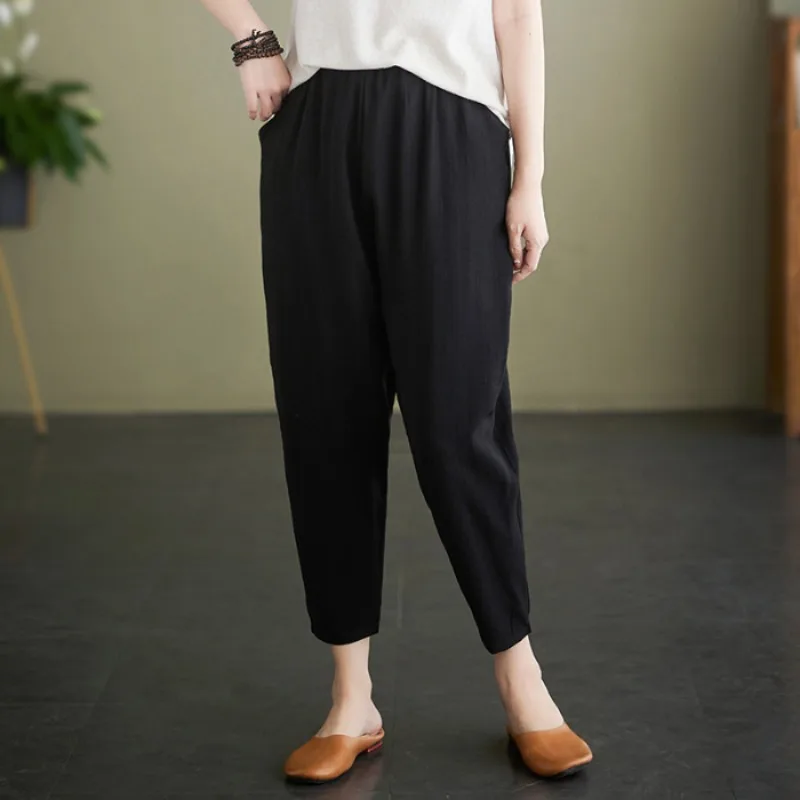 2023 Summer Women's clothing New Popular Imitation Ice Silk Cotton Hemp Casual Fashion Wide Leg 9/4 Large Loose Harlan Pants