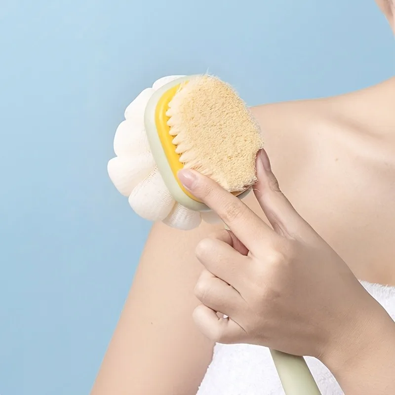 1 spazzola per il corpo con setole e luffa, spazzola per la schiena con manico lungo curvo, per l'esfoliazione della pelle durante il bagno. Accessorio per il bagno. - immagine 6