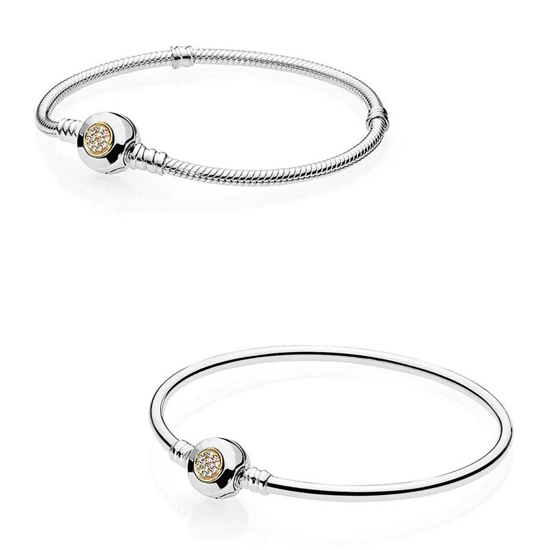 

Original Moments Two-Tone Signature Snake Chain Bracelet Bangle Fit Women 925 Sterling Silver Bead Charm Fashion Jewelry